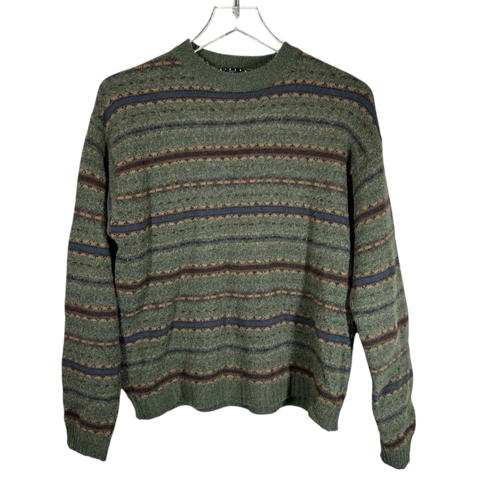 SISLEY from Italy Men's Medium Fair Isle Striped Wool Blend Crewneck Sweater